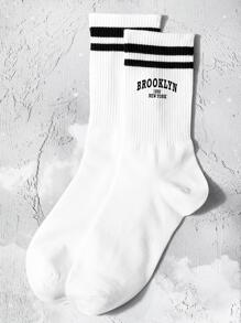 男士條紋和字母圖案中筒襪 - 黑與白 - 查看 3