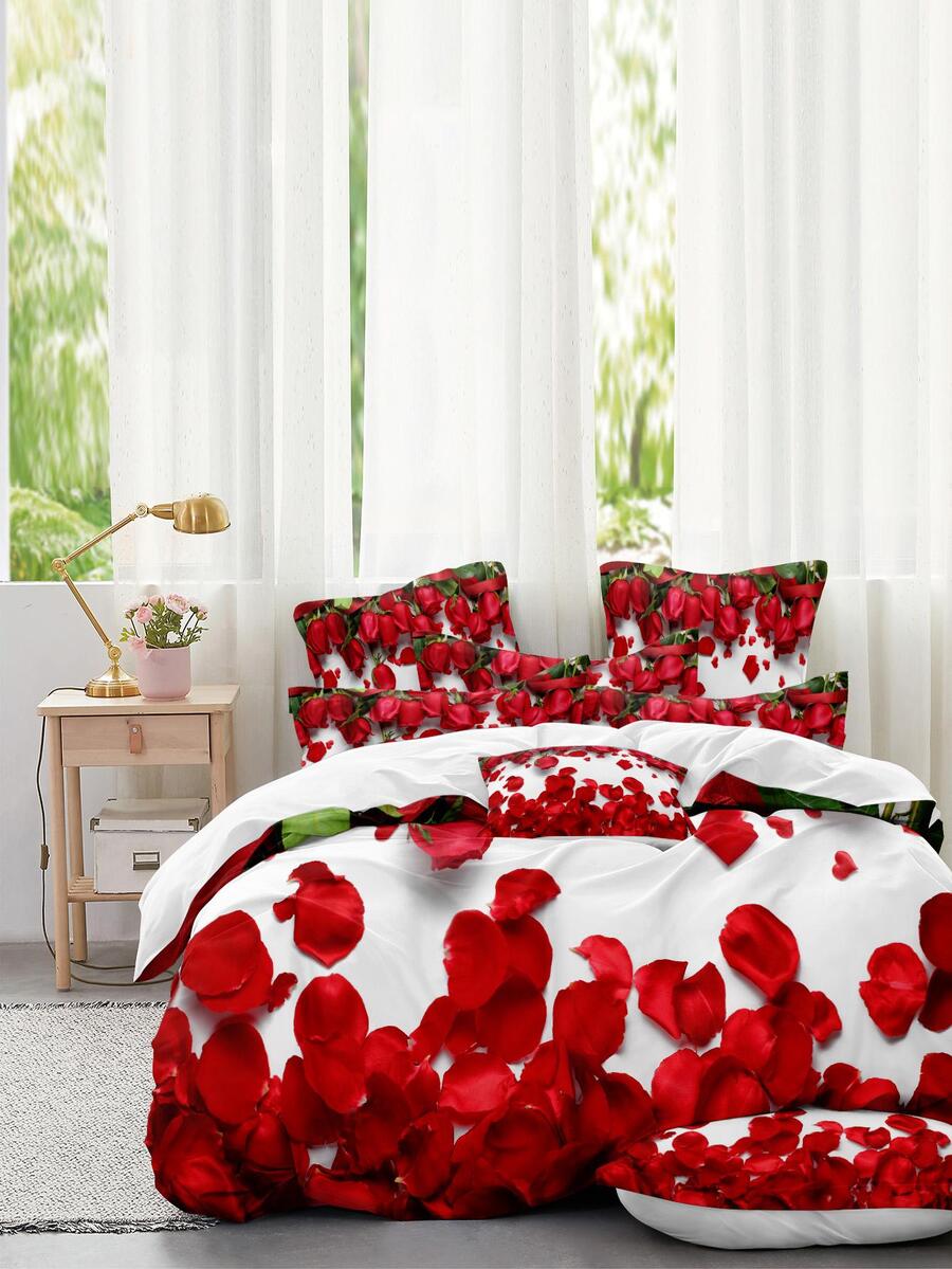 3件紅玫瑰印花被套套裝帶1入組被套，2入組枕套無填充物，臥室現代柔軟被套套裝 - 彩色 - 查看 1