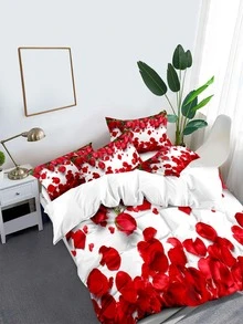 3件紅玫瑰印花被套套裝帶1入組被套，2入組枕套無填充物，臥室現代柔軟被套套裝 - 彩色 - 查看 3