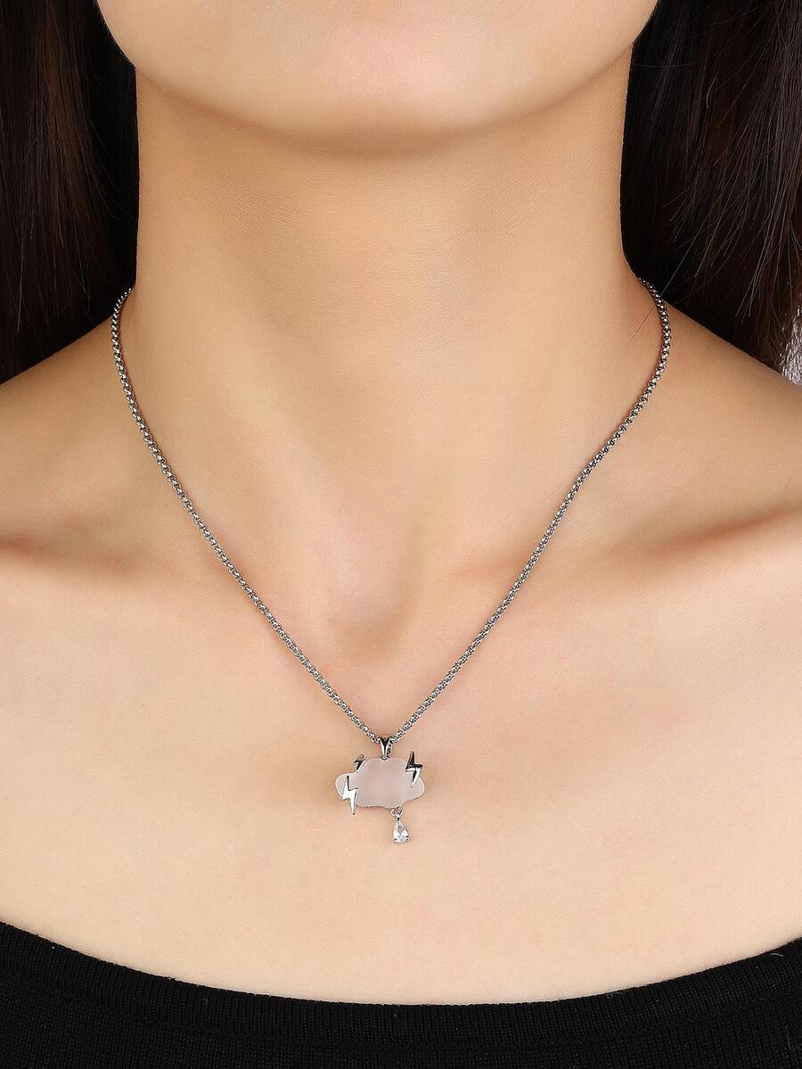 1入組時尚銅雲朵和閃電吊墜項鍊適合男士女士日常裝飾銅首飾類 - 銀色 - 查看 1