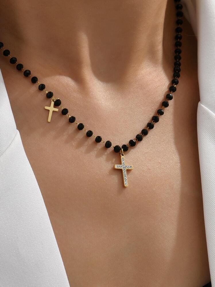 1個 日韓スタイル エナメルクロス、ラインストーンブラックビーズファッショントレンドレディースステンレススチールネックレス鎖骨チェーン、日常使いに適しています。 - Yellow Gold - 見る 1