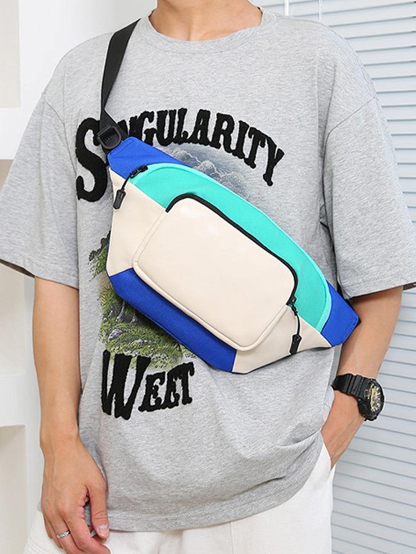 1pc Waterproof Color Block Polyamide Wear-resistant Jogging Waist Bag - Multicolor - View 1