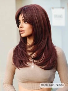 7JHH WIGS 24 Inch Long Burgundy Wig For Women, Dark Red Layered Wig With Curtain Bangs, High Density Synthetic Heat Resistant Fiber Wigs For Daily Party,Music Festival Use Mother's Day Gift - 酒紅色 - 查看 3
