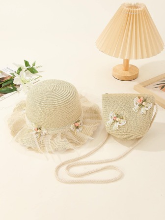 1套女士蝴蝶結和玫瑰裝飾蕾絲邊波西米亞草編帽和草編包適用於戶外遊玩