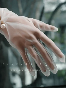 超薄弹力网眼手套，时尚婚礼服装人造珍珠透明蕾丝手套，适合女士圣诞节