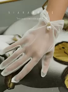 超薄弹力网眼手套，时尚婚礼服装人造珍珠透明蕾丝手套，适合女士圣诞节