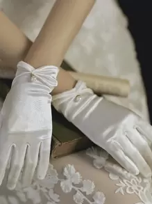 優雅的1對女士法式復古風格白珍珠手套，薄款防曬聚會緞子手套 - 米色 - 查看 1