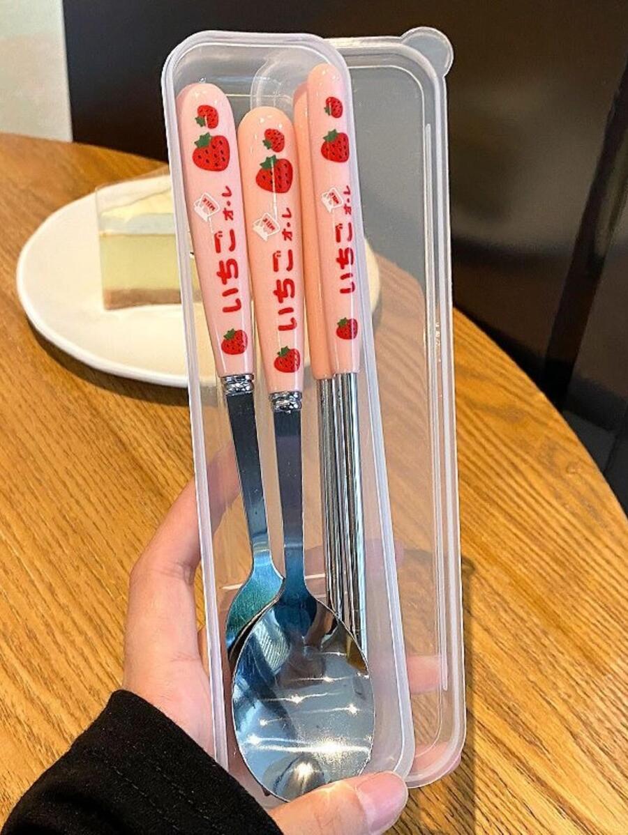 3pcs/set Strawberry Pattern Stainless Steel Cutlery With Storage Box, Pink Flatware, For Dining - Pink - View 1