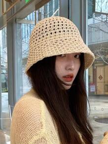 Solid Hollow Out Bucket Hat - Beige - View 1