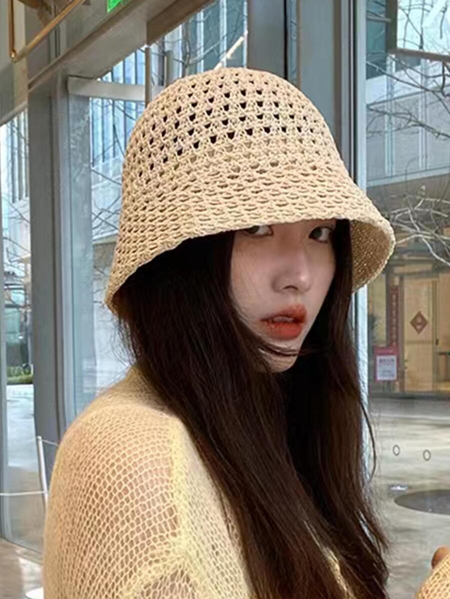 Solid Hollow Out Bucket Hat - Beige - View 1