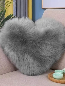 1 件纯色仿羊毛毛绒心形装饰枕套（不含枕芯） - 灰色 - 查看 3