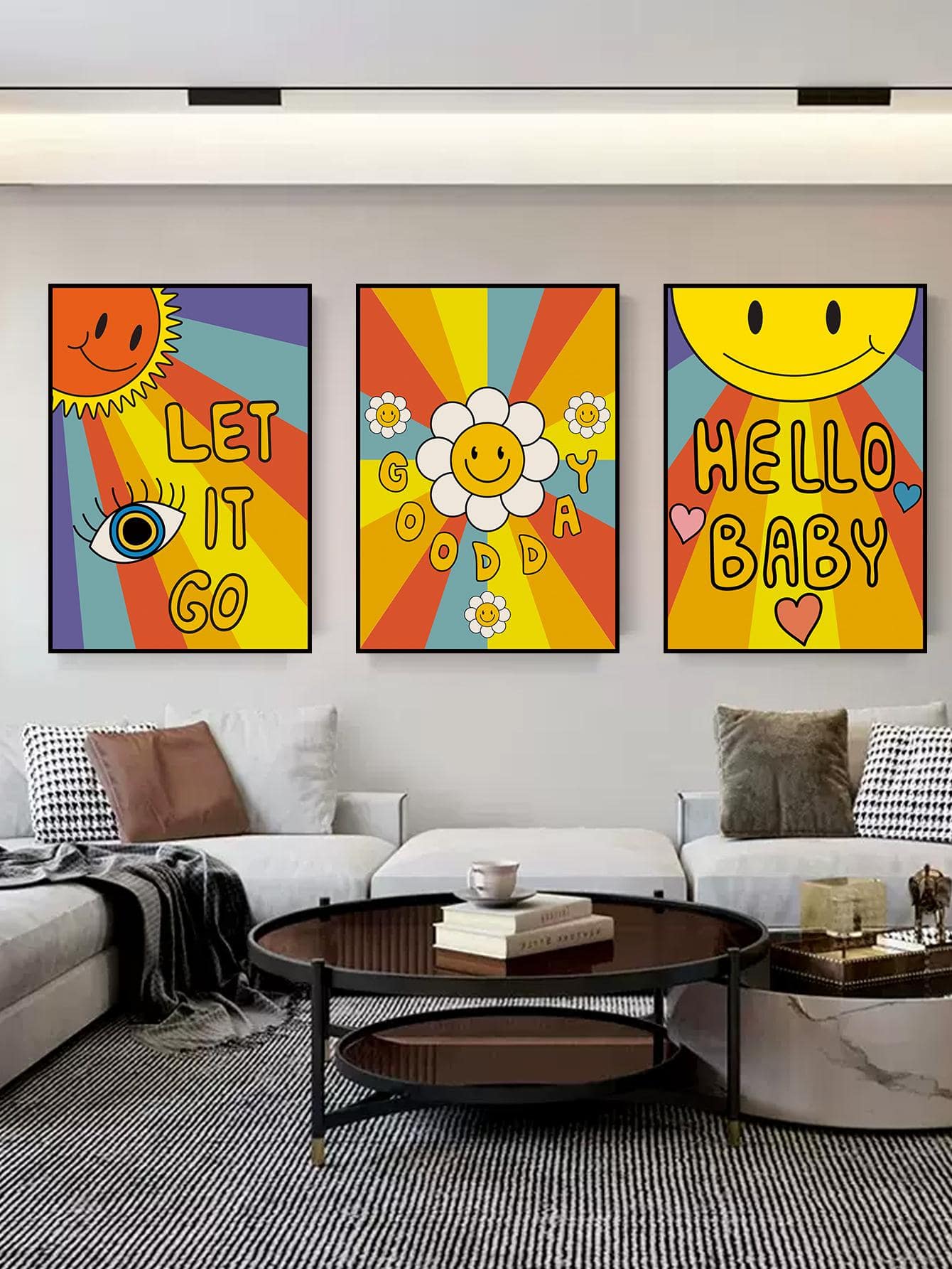 3入組卡通圖案卡通太陽和條紋圖案牆貼裝飾用品