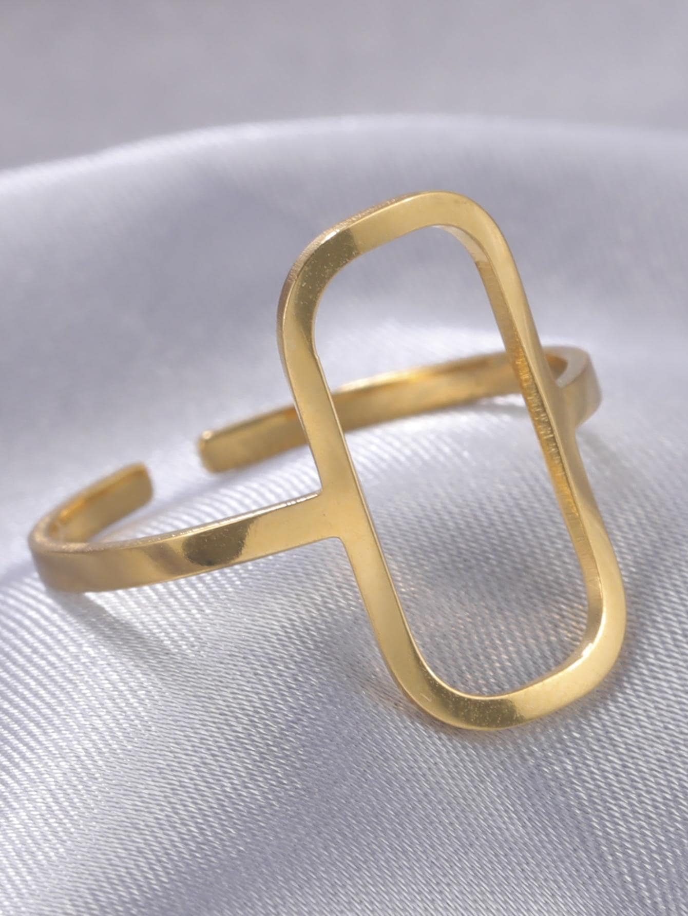 1入組女士可調節不銹鋼鏤空矩形和橢圓形戒指 - 金黃色 - 查看 1