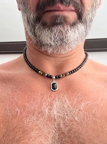 1條男士時尚黑色縞瑪瑙珠寶項鍊,天然石珠寶 - 黑色 - 查看 1