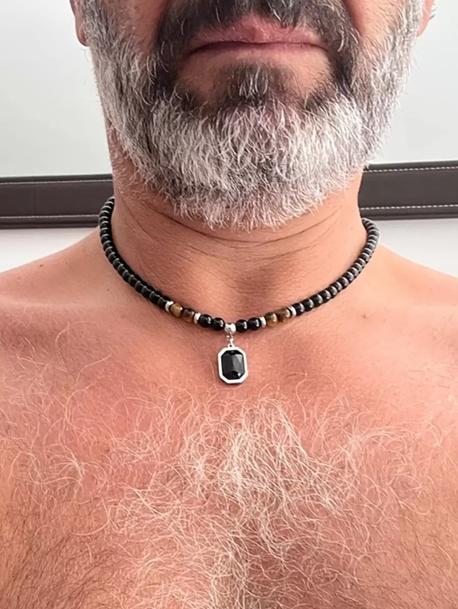 1條男士時尚黑色縞瑪瑙珠寶項鍊,天然石珠寶 - 黑色 - 查看 1