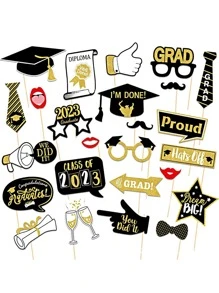 25pcs Graduation Party Photobooth Prop, Modern Glasses & Letter Design Paper Party Photo Prop For Graduation Party - Black - View 1