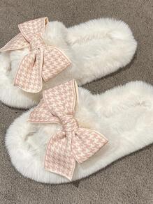 女性千鳥格圖案蝴蝶結裝飾毛茸茸家庭學院室內滌綸臥室拖鞋 - 白色 - 查看 1