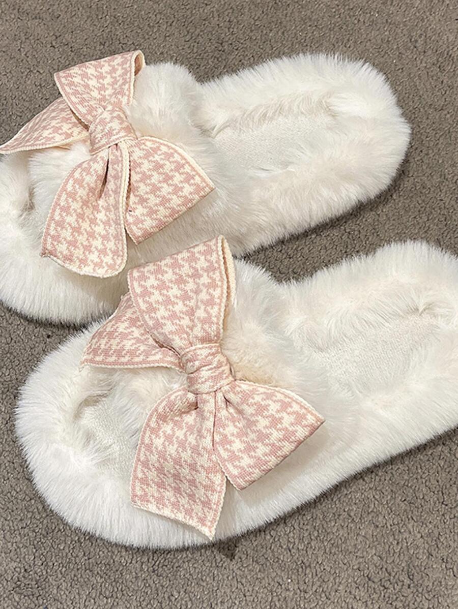 女性千鳥格圖案蝴蝶結裝飾毛茸茸家庭學院室內滌綸臥室拖鞋 - 白色 - 查看 1