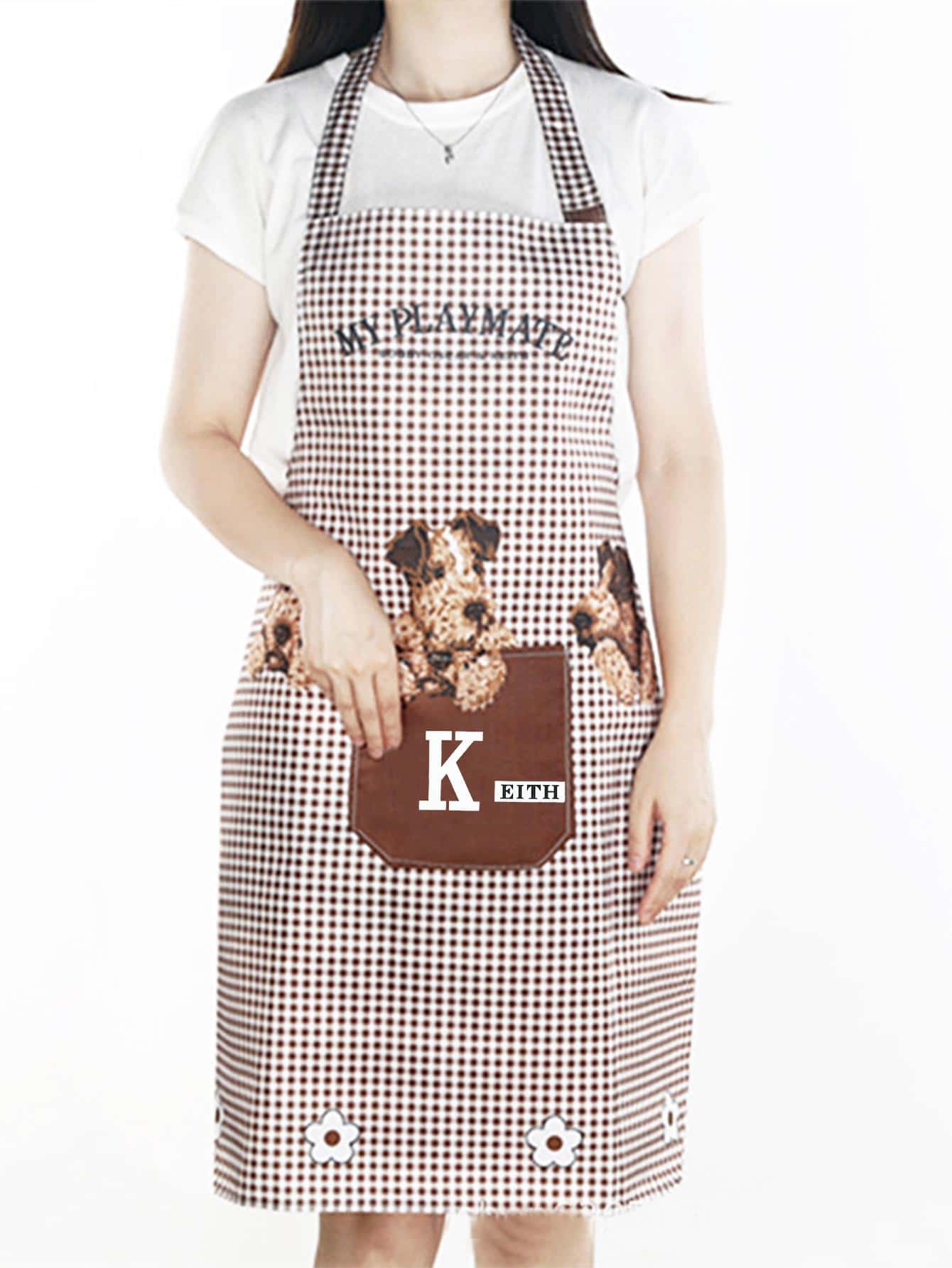 1pc Random Cartoon Printed Kitchen Apron For Home Use, Oil And Stain Resistant - Coffee Brown - View 1
