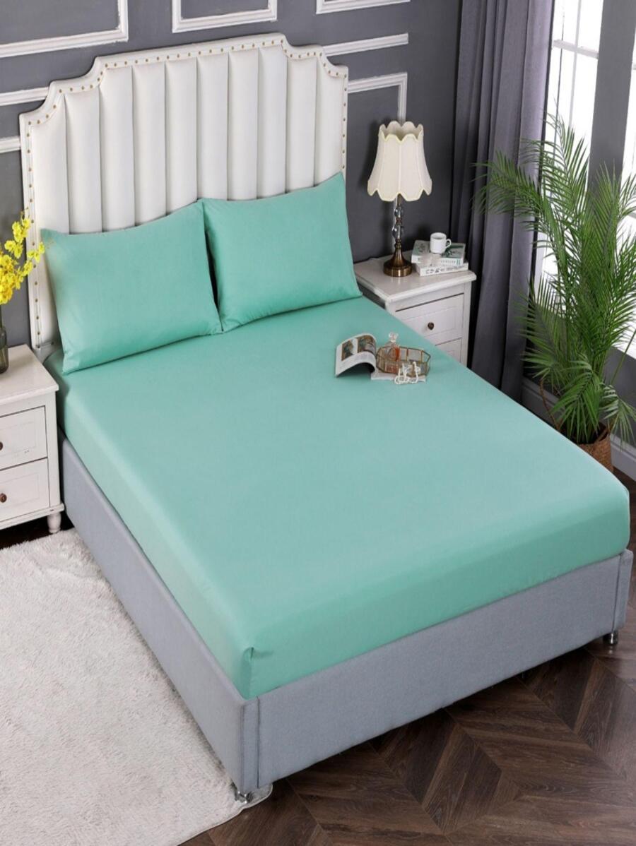 Bộ 3 ga trải giường chắc chắn, 1 ga trải giường có dây thun và 2 vỏ gối, không bao gồm gối lót, Bộ ga trải giường đơn giản màu xanh lá cây, dành cho gia đình - màu xanh lá - Xem 1