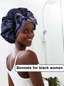 Bow Decor Two Tone Hair Bonnet - Navy Blue - View 9