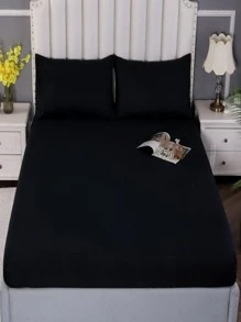 1pc Black Fitted Sheet, Minimalist Fabric Fitted Bottom Sheet For Home - Black - View 1