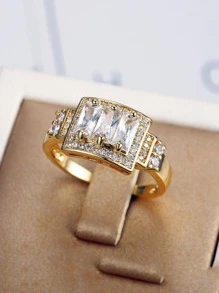 1入組設計奢華銅製方形方晶鋯石女士戒指完美生日禮物或派對配飾 - 金黃色 - 查看 4