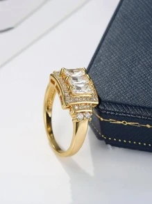 1入組設計奢華銅製方形方晶鋯石女士戒指完美生日禮物或派對配飾 - 金黃色 - 查看 5