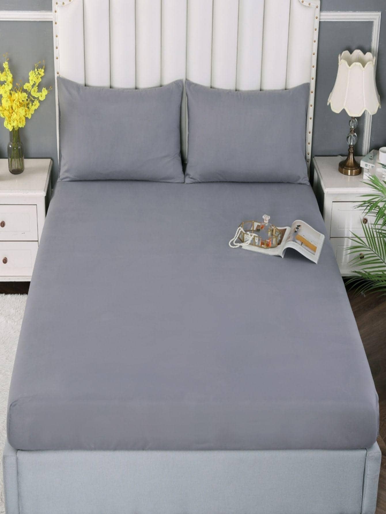 1pc Solid Color Grey Fitted Sheet, Modern Soft Stretchy Fitted Bottom Sheet For Bedroom - Grey - View 1
