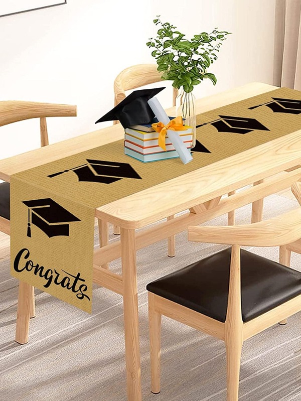1pc Graduation Hat Pattern Table Runner, Modern Linen Kitchen Table