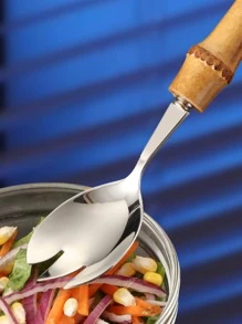 1pc Stainless Steel Spoon, Modern Bamboo Joint Decor Salad Spoon For Home - Silver - View 6
