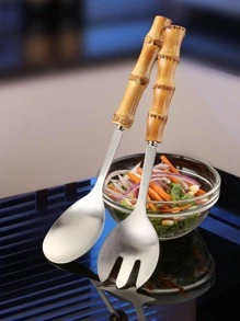 1pc Stainless Steel Spoon, Modern Bamboo Joint Decor Salad Spoon For Home - Silver - View 1