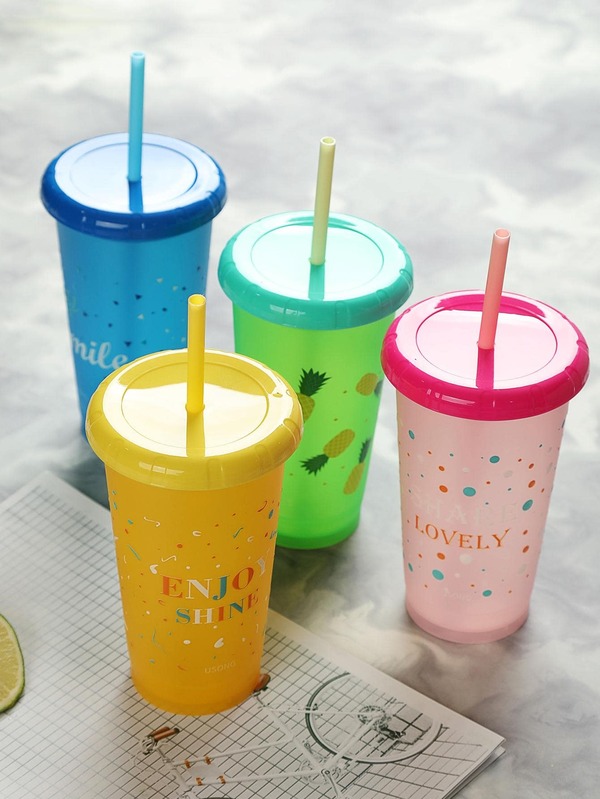 4pcs/set PP Tumbler, Creative Letter Graphic Insulated Travel Drinking Cup For Home