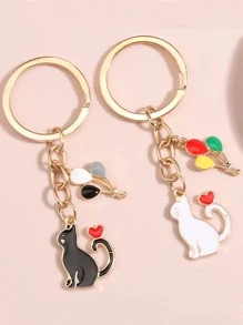 2pcs Couple Cat & Balloon Charm Creative Keychain For Key Decoration - Multicolor - View 2