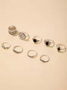 imoli 9pcs Round & Sun Decor Ring - Antique Silver - View 2