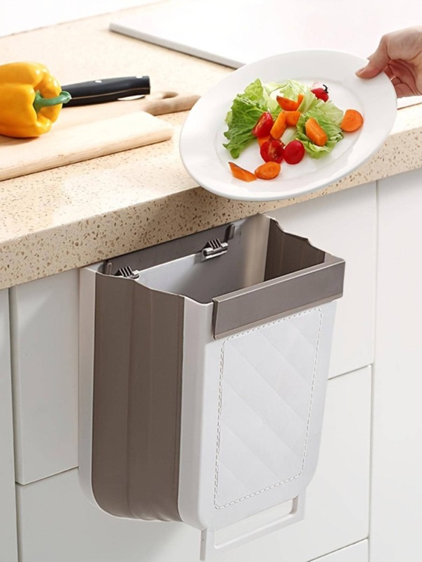 1pc Plastic Waste Bin, Simple Two Tone Foldable Hanging Garbage Can For