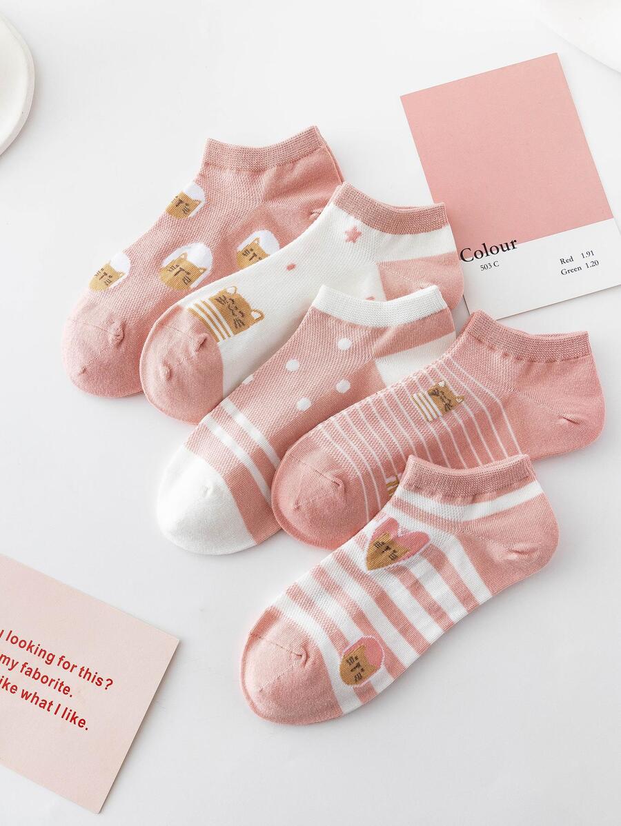 5 Pairs Of Cute Heart Patterned Short Socks With Cat Face - Multicolor - View 1