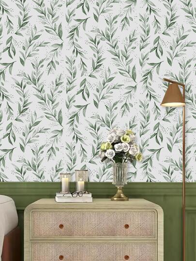 Roll 45cm Groen Leaf Peel Stick Wallpaper, Bohemian Removable Vinyl Contact Paper, Moderne Neutral Self Adhesive Wand Cabinets, Bedrooms view 2