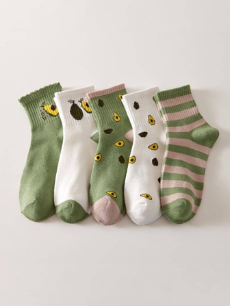 5雙裝女士水果印花休閒圓襪，適合日常生活