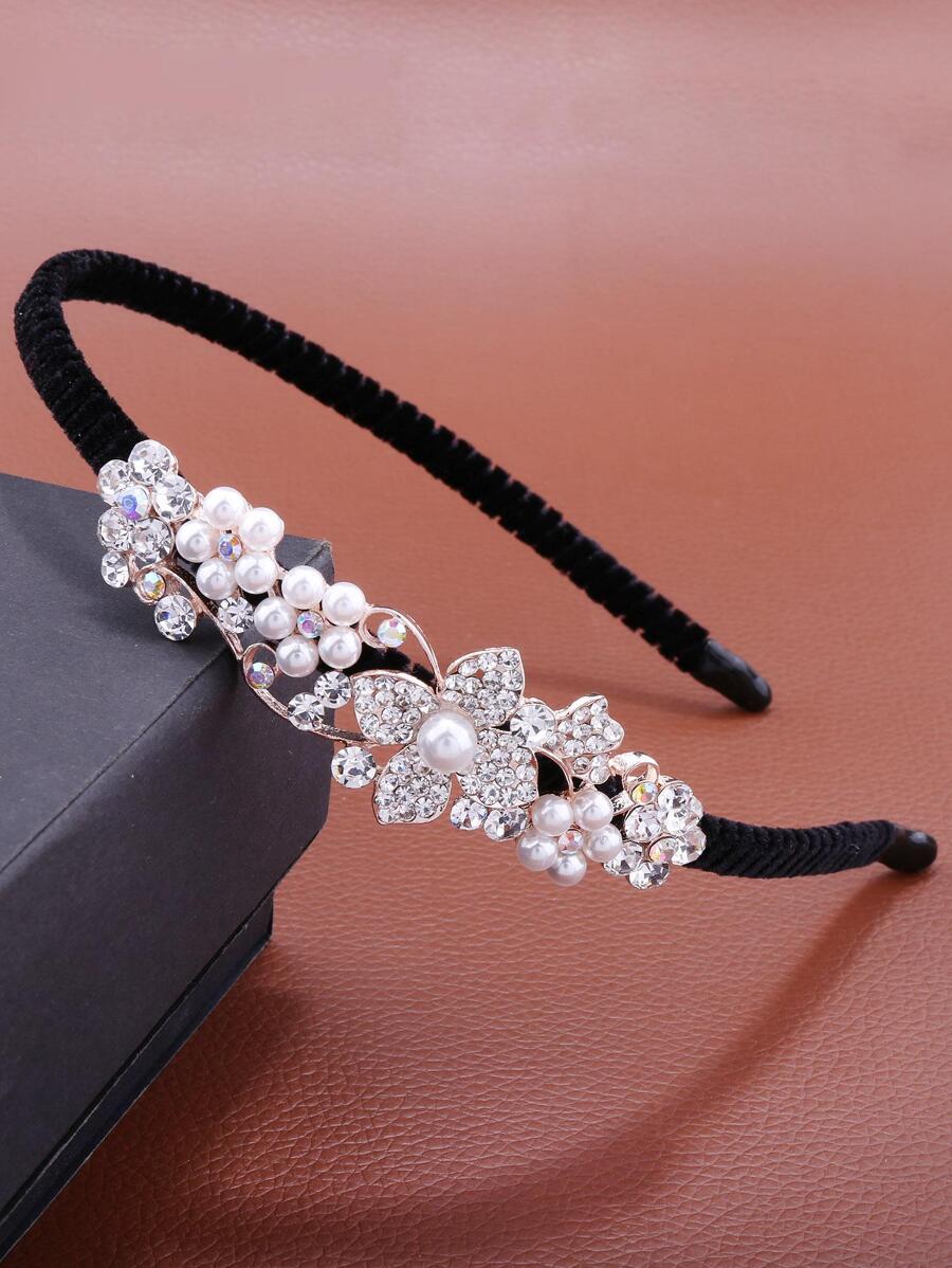 水鑽和人造珍珠裝飾髮箍 - 金色 - 查看 1