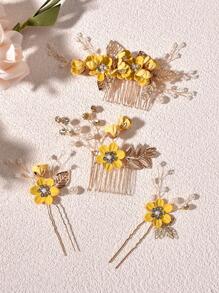 4pcs Yellow Bridal Wedding Hair Accessories Set - Yellow - View 3