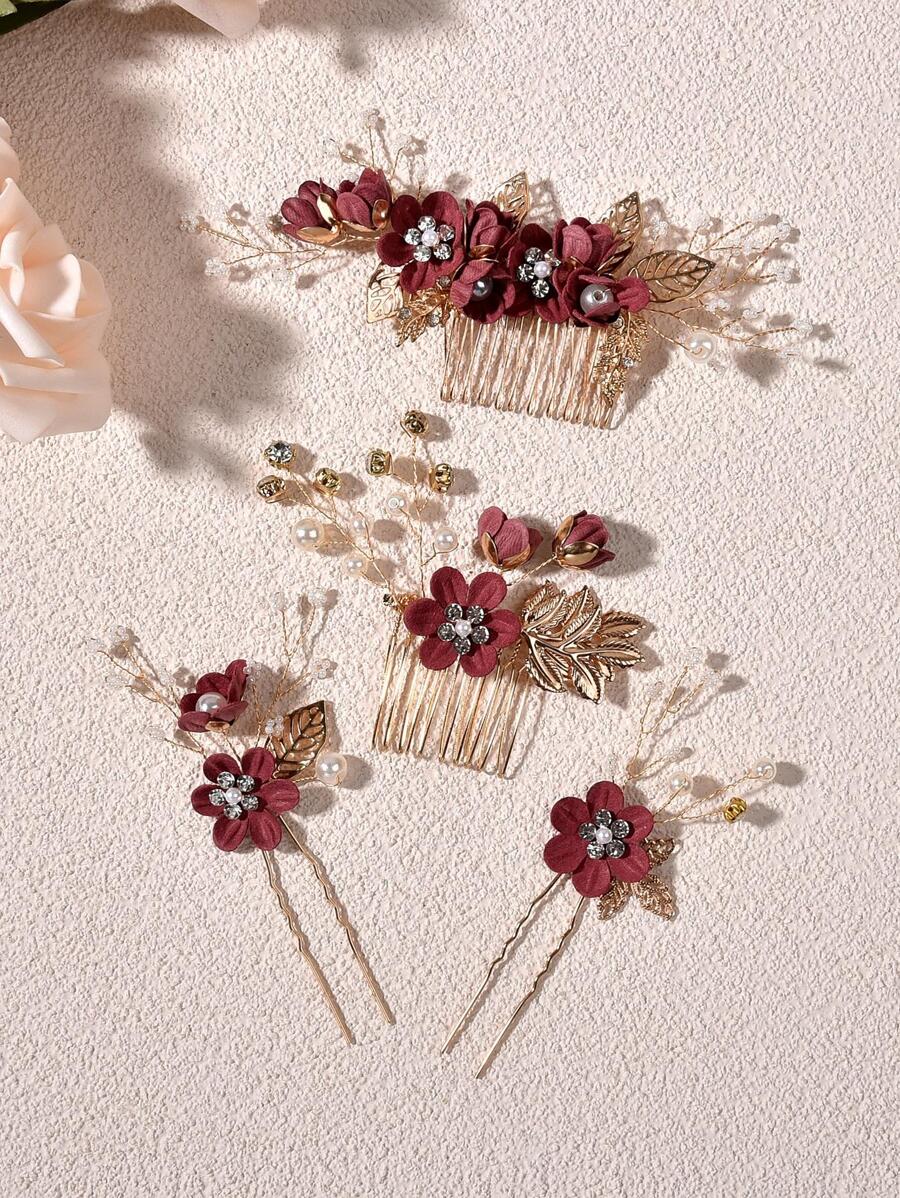 Bộ 4 món/Bộ phụ kiện tóc cô dâu thanh lịch, Mũ đội đầu cô dâu - Đỏ - Xem 1