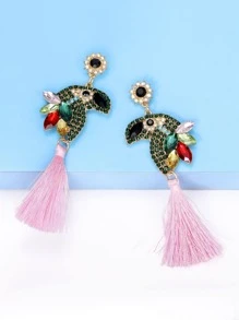 水鑽鸚鵡和流蘇裝飾耳墜 - 粉色 - 查看 3