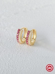 1对时尚简约S925纯银个性化双排混色耳环 - 玫紅色 - 查看 3