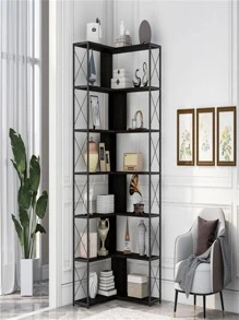 7-Tier Bookcase Home Office Bookshelf, L-Shaped Corner Bookcase with Metal Frame, Industrial Style Shelf with Open Storage, MDF Board - Black - View 1
