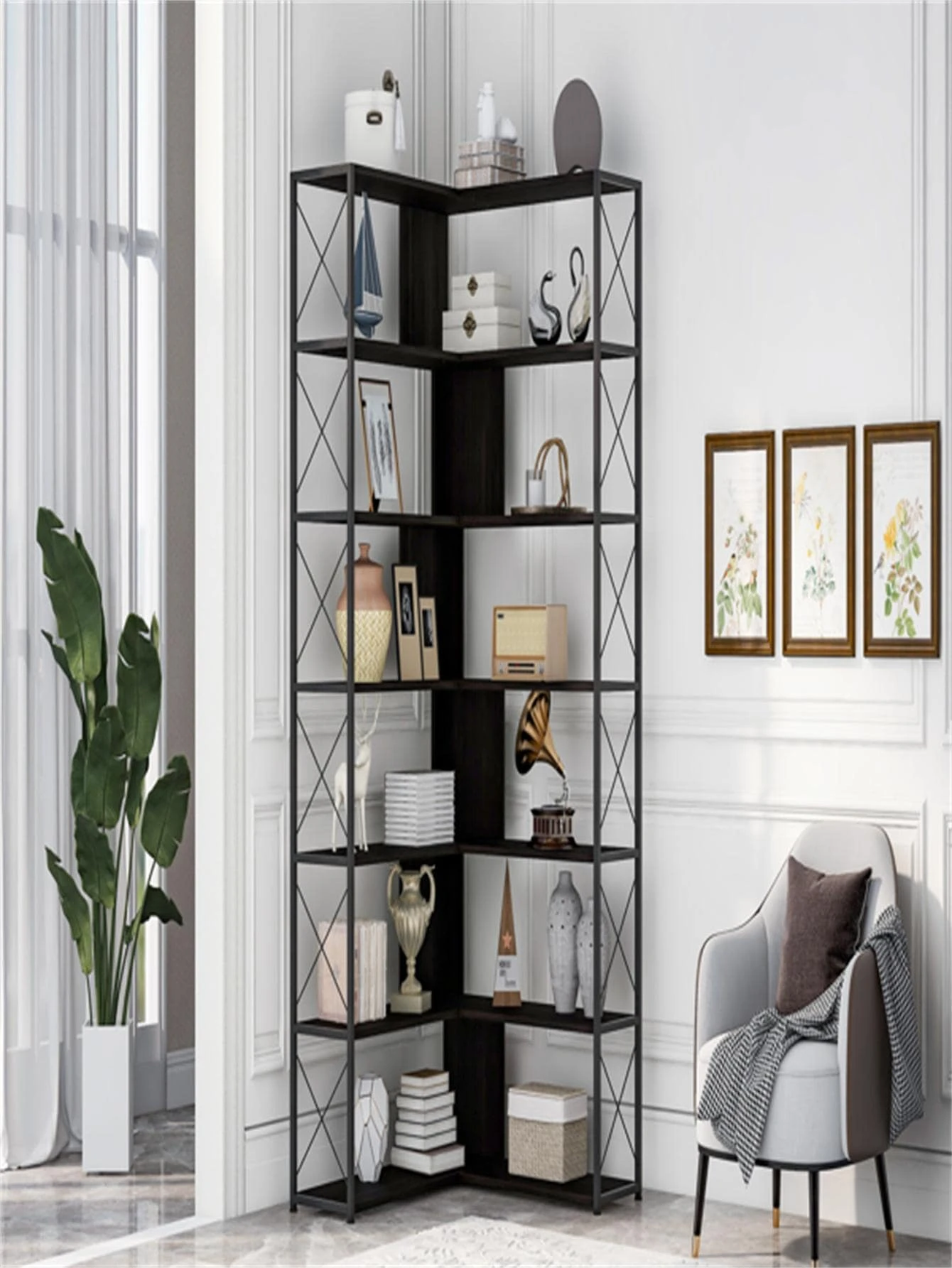 7-Tier Bookcase Home Office Bookshelf, L-Shaped Corner Bookcase with Metal Frame, Industrial Style Shelf with Open Storage, MDF Board - Black - View 1