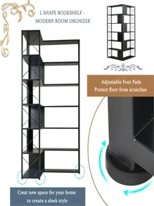 7-Tier Bookcase Home Office Bookshelf, L-Shaped Corner Bookcase with Metal Frame, Industrial Style Shelf with Open Storage, MDF Board - Black - View 6