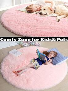 1pc Solid Fuzzy Round Rug, Simple Plush Round Shaped Floor Rug For Bedroom - Pink - View 3