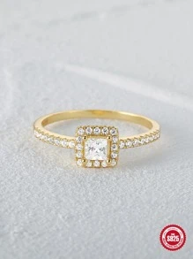 1件歐美風格簡約大方經典方形切割鑽石訂婚銀戒指,適用於女士婚禮新娘飾品 - 金色 - 查看 6