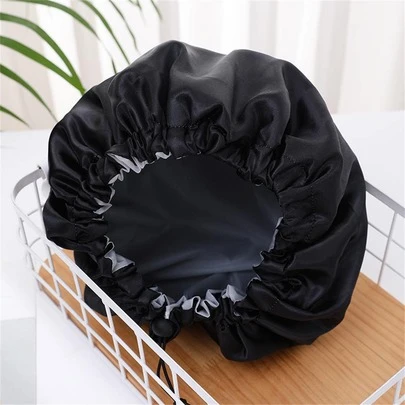 QINGMYU Double Layer Waterproof Drawstring Adjustable Shower Cap, Solid Color Black, Pink Home Bathroom Decor Fall Decor Back To School